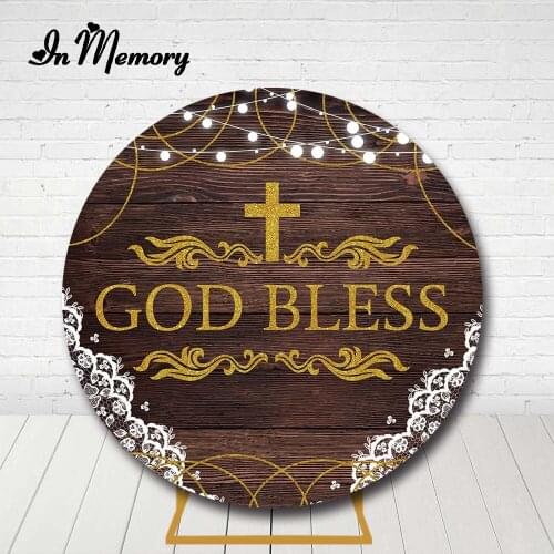 InMemory Retro Wood Lace Round Backdrop Cover God Bless Cross Kids Baptism Newborn Baby Shower Birthday Party Circle Background