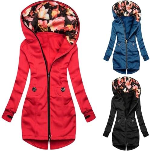 Plus Size Women Jacket Fashion Floral Printing Casual Hooded Coat Zipper Pocket Long Sleeve Sport Kуртка Autumn Winter Chaqueta