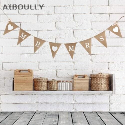 Mr Mrs Love heart Vintage Wedding Banner Jute Bunting Photo Props Marry Rustic Garland Flag Party Hanging Wedding Decoration