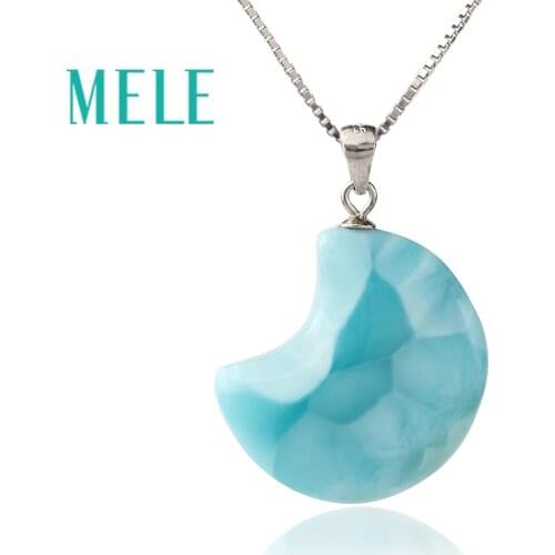 Natural larimar pendant 925 silver for women and girl,moon shape blue color fine jewelry best gift