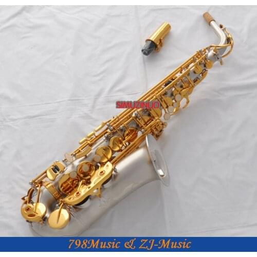 Satin Nickel Eb Alto Saxophone Sax Gold Key High F# Saxofon New Case