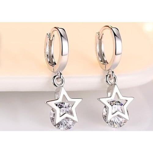 New Design 925 Sterling Silver Earrings For Women Dazzling Full CZ Crystal Pentagram Zircon Drop Earrings