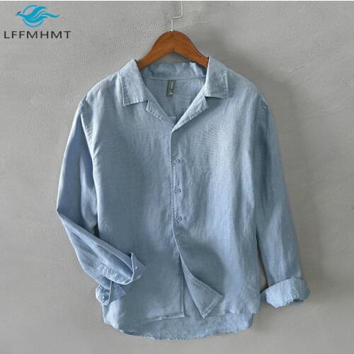 Handsome Men Solid Color long Sleeve Notched Collar Japan Style Slim Soft Healthy Linen Shirt Businessman Casual Bottoming Shirt