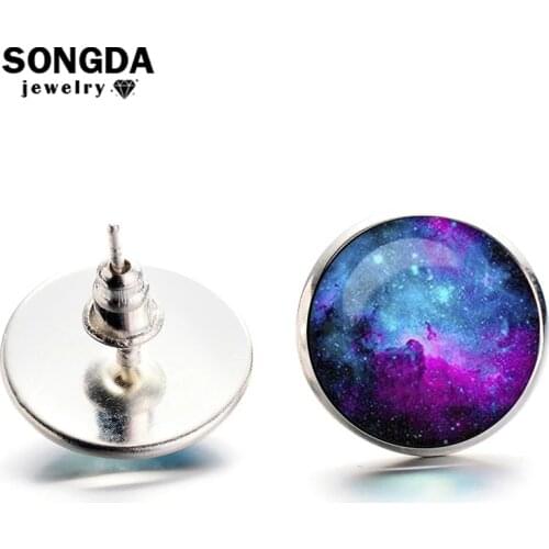 SONGDA Cute Galaxy Nebula Stud Earrings Universe Outer Space Magical Sights Art Glass Cabochon Small Earrings Astronomy Trinkets