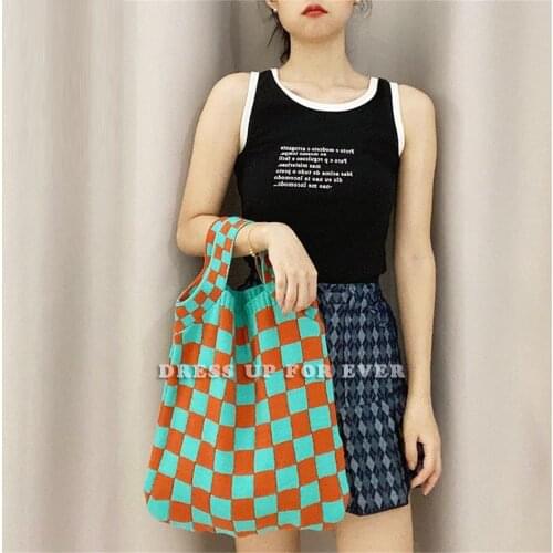 Female Wrist Bags Clash Color Checkerboard Plaid Woolen Knitted Shoulder Vintage Chic Big Capacity Totes Handbag Ladies Casual