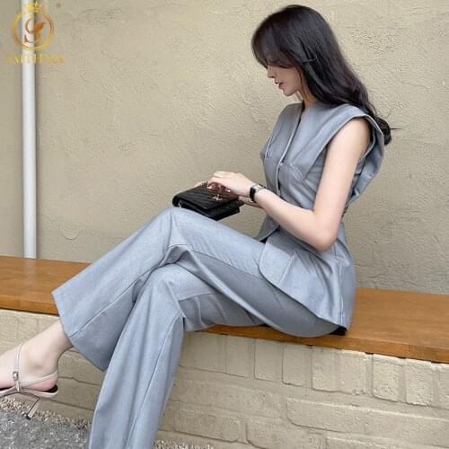 SMTHMA New Fashion Summer 2 Piece Set Elegant Office Lady Sleeveless Slim Blouse+ OL Work Long Pants Suit Female With Belt