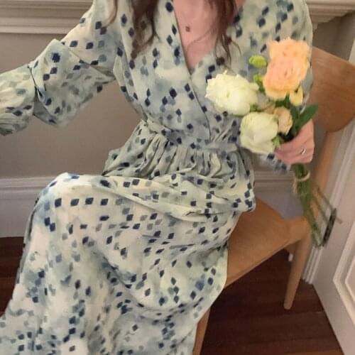 Korean Ins Spring Elegant Rhombus Contrast Printing V-neck Big Pockets Slim Long Sleeved Dress Women Long Fall Vestidos L013