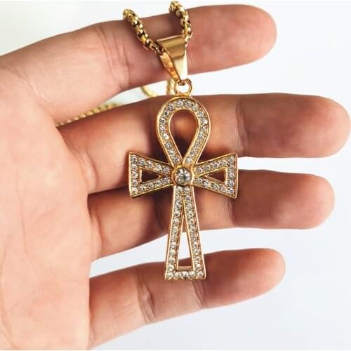 Gold Cross Pendant Necklace for Men Boy Anka Egypt Glossy Mens 316L Stainless Steel Necklaces Egyptian Amulet Male Jewelry