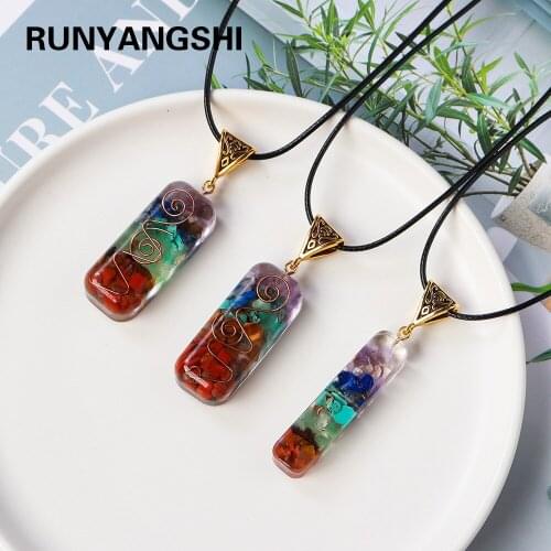 1PC Natural Crystal Gravel Pendant Seven Chakra Square Necklace Aogen Energy Gemstone Yoga Jewelry Aura Gift