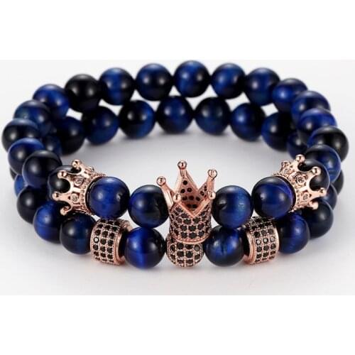 8mm 2PCS/Set hf54 elastic adjusted nature blue Tigereye bead micro pave cz zircon cubic zirconia Crown Bracelet