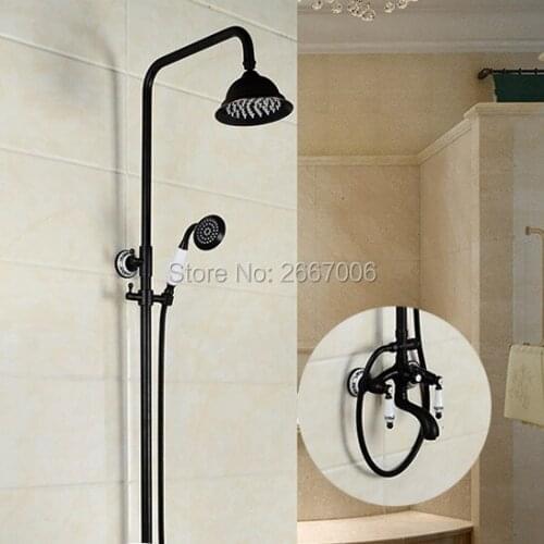 Free shipping Royal Style Dual Handles Bath Mixer Shower Set Rainfall Head Shower Faucet Set Black Bronze Ceramic Shower GI279
