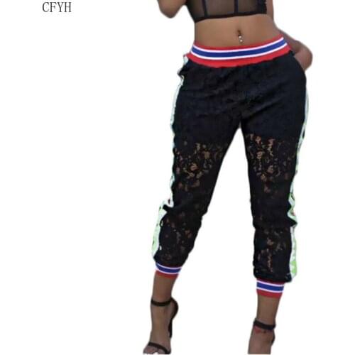 Striped Side Lace Patchwork Pencil Trousers Summer New Design Streetwear Woman Elastic Waist Pants with Pocket