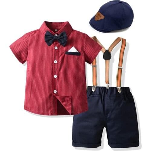 Kid Boy Formal Clothes Bow Tie Suit Set Summer Red Shirt Hat Handsome Striped Shirt Shorts Children Outfit Birthday Outwear