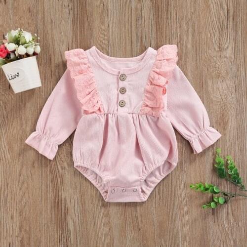 Baby Girls Sweet Style Bodysuit Infant Solid Color Lace Splicing Flared Sleeve Round Collar Front Button Jumpsuit Romper
