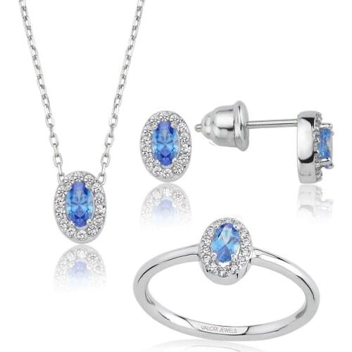 Valori Jewels 1 Carat, Zirconia Fancy Blue And White Oval Gemstone, Rhodium Plated, Sterling Silver Trio Set