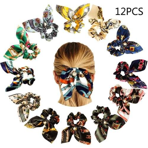 10pcs/lot Bohemian Print Elastic Hair Bands with pearl for Women Bowknot Headband Hair Ties Ponytail Holder Hair Accessories