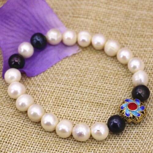 Elegant gold-color cloisonne 9-10mm natural white black nearround pearl beads strand bracelets for women jewelry 7.5inch B3095