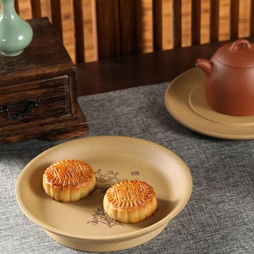 Purple pottery carving series pot bearing tea tray household tray dry bubble table snack plate Mid Autumn Festival gift