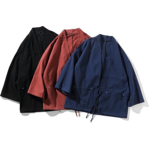 Men Cotton Linen Harajuku Kimono 2021 Summer Mens Vintage Loose Shirts Male Summer Chinese Style Belt Kimono Cardigan