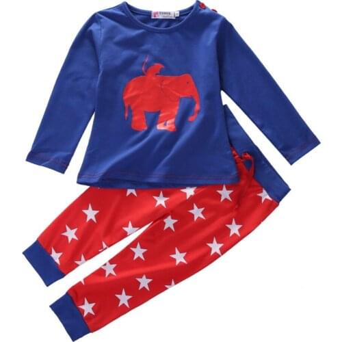 Kid Baby Boy Girl Clothes Set Elephant Print Top Long Sleeve Tee+Star Red Pants 2pcs Children Clothing Set
