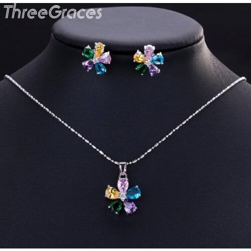 ThreeGraces 2020 Summer Multicolored Zirconia Stones Flower Necklace Earrings Set Fashion Ladies Jewelry Accessories JS159
