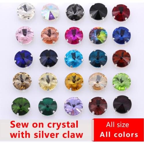 All-size Round Rivoli sew on crystal glass stone sewing diamante rhinestones jewels silver claw 4-Hole beads Garment Accessories