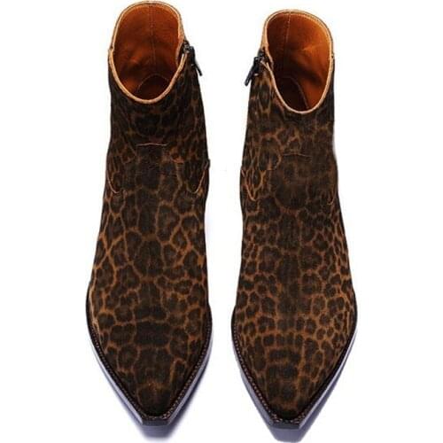 Runway Luxury Brand Men Leopard Printed Chelsea Boots Pointed Toe Cow Suede Cowboy Ankle Boots 2020 Summer Dress Botas Plus Size