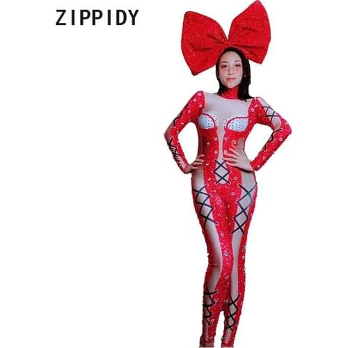 Fashion Sparkly Red Rhinestones Spandex Bandage Pattern Jumpsuit Birthday Party Outfit Nightclub Women Singer Dance Show Outfit