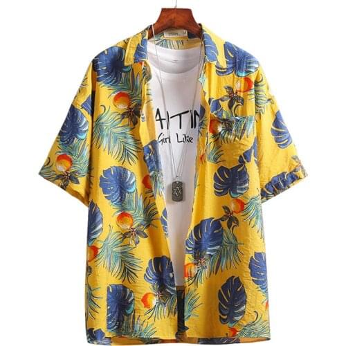 Mens Cotton Hawaiian Shirt Leaf Printed Chest Pocket Turn Down Collar Short Sleeve camisa hawaiana hombre Beach Flower Shirts