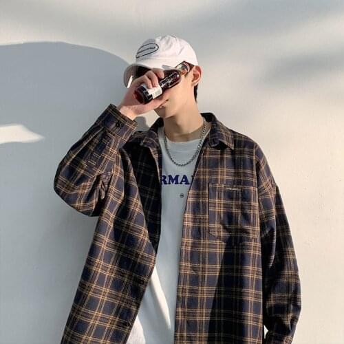 Men Large Size Plaid Shirt Men Korean Casual Shirt Mens Fashion Loose Long-sleeved Shirt Mens Hip-hop Harajuku Style Clothing