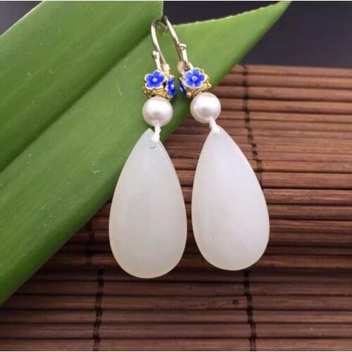 Natural and nephrite white yu earrings, yu full of sweet with pearl + burning blue accessories to do decoration2169