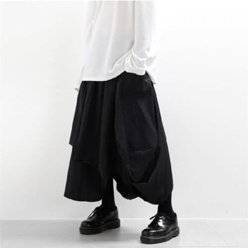 New mens casual pants for spring and summer, ultra-loose wide-leg pants, irregular culottes, black suspenders