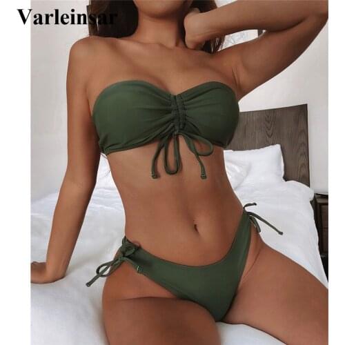 New Sexy Lace Up Scrunch Butt Bandeau Bikini Female Swimsuit Women Swimwear Two-pieces Bikini set Bather Bathing Suit Swim V3189