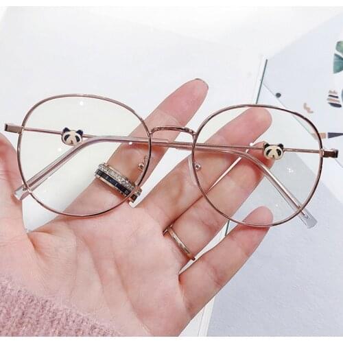 1PC Fashion Panda Blue Light Blocking Myopia Computer Glasses For Women Round Metal Prescription Eyeglasses Frame Female UV400