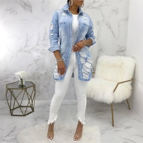 Autumn Winter Plus Size Denim Jacket Women Casual Long Denim Coat Female Outwear Hole Cardigans Denim Coat Oversized Feminine