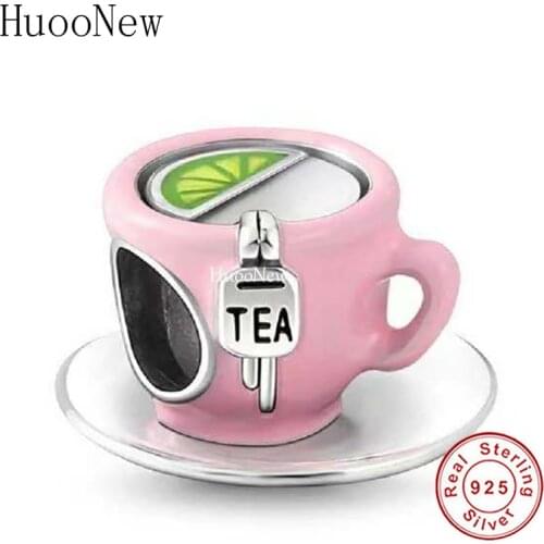 Fit Original Pandora Charm Bracelet Real 925 Sterling Silver Pink Enamel Tea Cup With Tea Bead For Making Women Berloque 2021