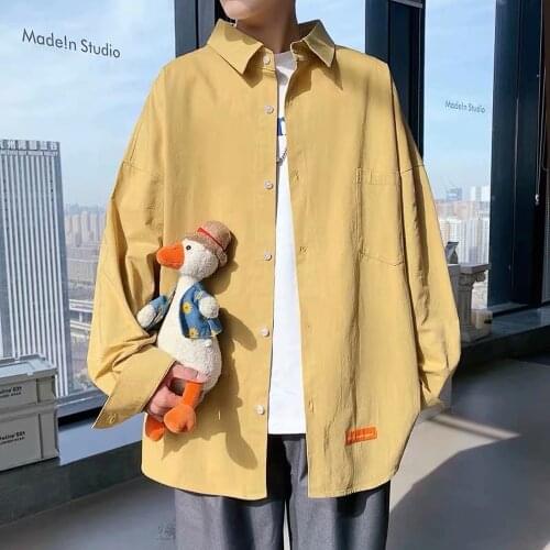 Spring and autumn long-sleeved solid color shirt mens Hong Kong style Japanese simple thin shirt oversize mens shirt