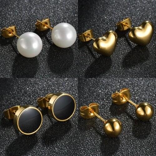 Gothic Unisex Stainless Steel Men Women Ear Stud Earrings Love Heart Round Ball Pearl Pierced Screw-back Earring Fashion Jewelry