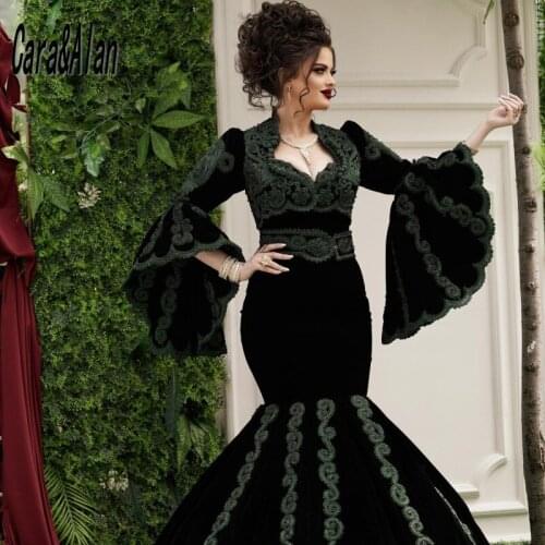 Traditional Kosovo Albanian Style Black Evening Dresses Flared Long Sleeves Applique Mermaid Prom Dress robe de soirée 2021