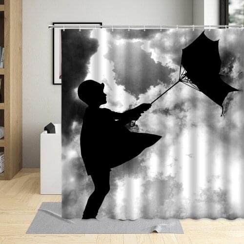 People Holding Umbrella Pattern Shower Curtain Fabric Waterproof Bathroom Screens Design Art Decor Bath Curtains With Hooks Set