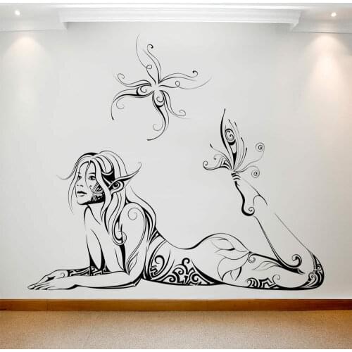 Elf Girl Wall Decal Butterflies Abstract Art Vinyl Window Stickers Beauty Salon Bar Woman Bedroom Interior Decor Wallpaper E885