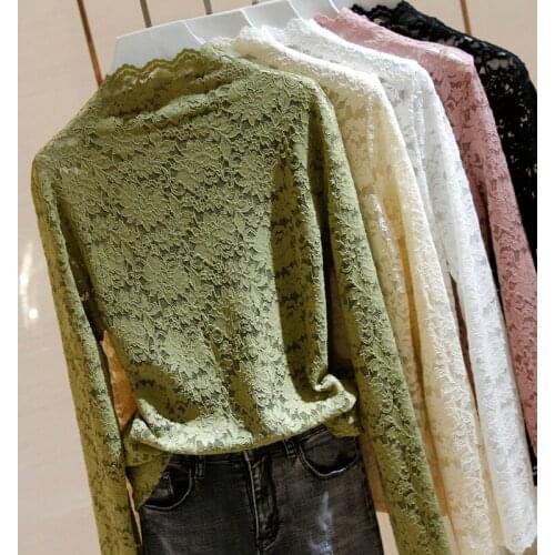Women Sexy Floral Lace Tops Spring and Autumn Casual Long Sleeve Tee High-Necked