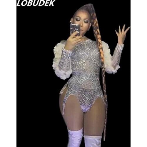 Occident Nightclub Women Stage Costume Silver Rhinestones Pearls Bodysuit Lady Luxurious Clothes Singer Dancer Performance Wears