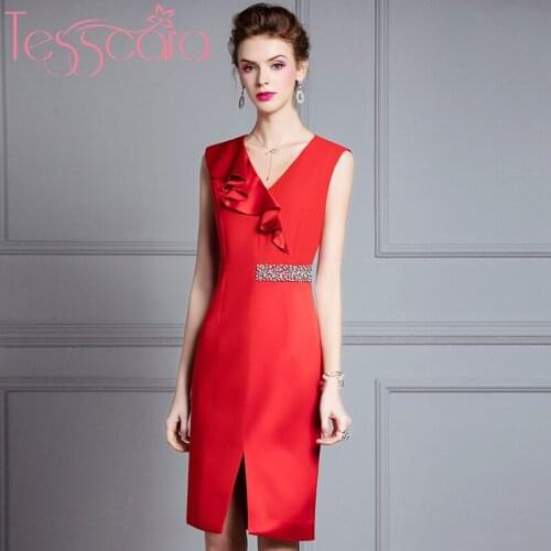 TESSCARA Women Runway Designer Luxury Beading Satin Dress Festa High Quality Ruffle Cocktail Party Robe Femme Pencil Vestidos