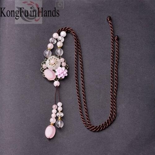 Women Necklace Retro Pink Crystal Chain Female National Ethnic Style Long Pendant Ladies Jewelry for Gifts Sweater Accessories