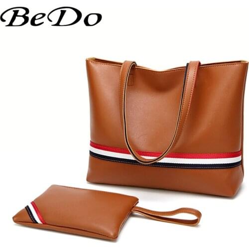 BeDo 2 Pieces Set Women Shoulder Bag Vintage PU Leather Tote with British Style Stripe Female Large Capacity Bag Lady Wallet
