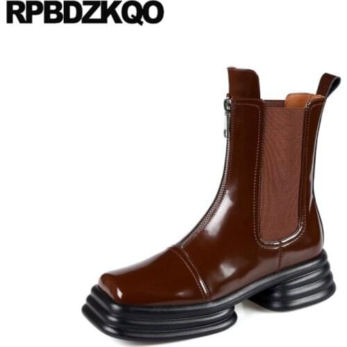 Square Toe Female Platform Front Zipper Patent Leather Shoes Vintage Brown Chelsea Women Ankle Boots Medium Heel Chunky Zip Up