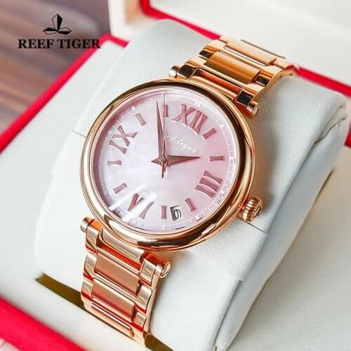 Reef Tiger/RT 2021 Top Brand Luxury Women Automatic Mechanical Watch Rose Gold Ladies Bracelet Watches Date Waterproof Watches