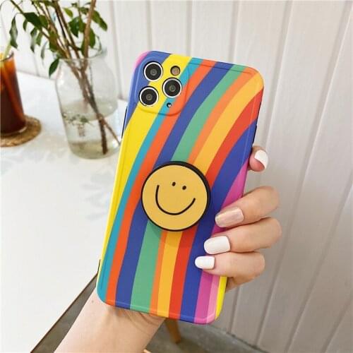Cute Rainbow Stand Holder Phone Case For iPhone 12 Pro Max 11 XR XS SE20 7 8 Plus Cartoon Smile Soft TPU Bracket Cover Coque Bag