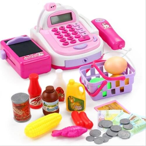 Kids Supermarket Cash Register Electronic Toys with Foods Basket Money Children Learning Education Pretend Play Set Gift